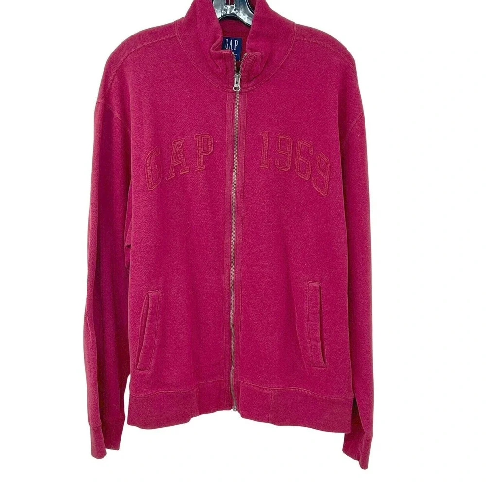 Mens‎ Y2K Vtg Full Zip Track Jacket Red Embroidered Logo 1969 Fleece GAP Large